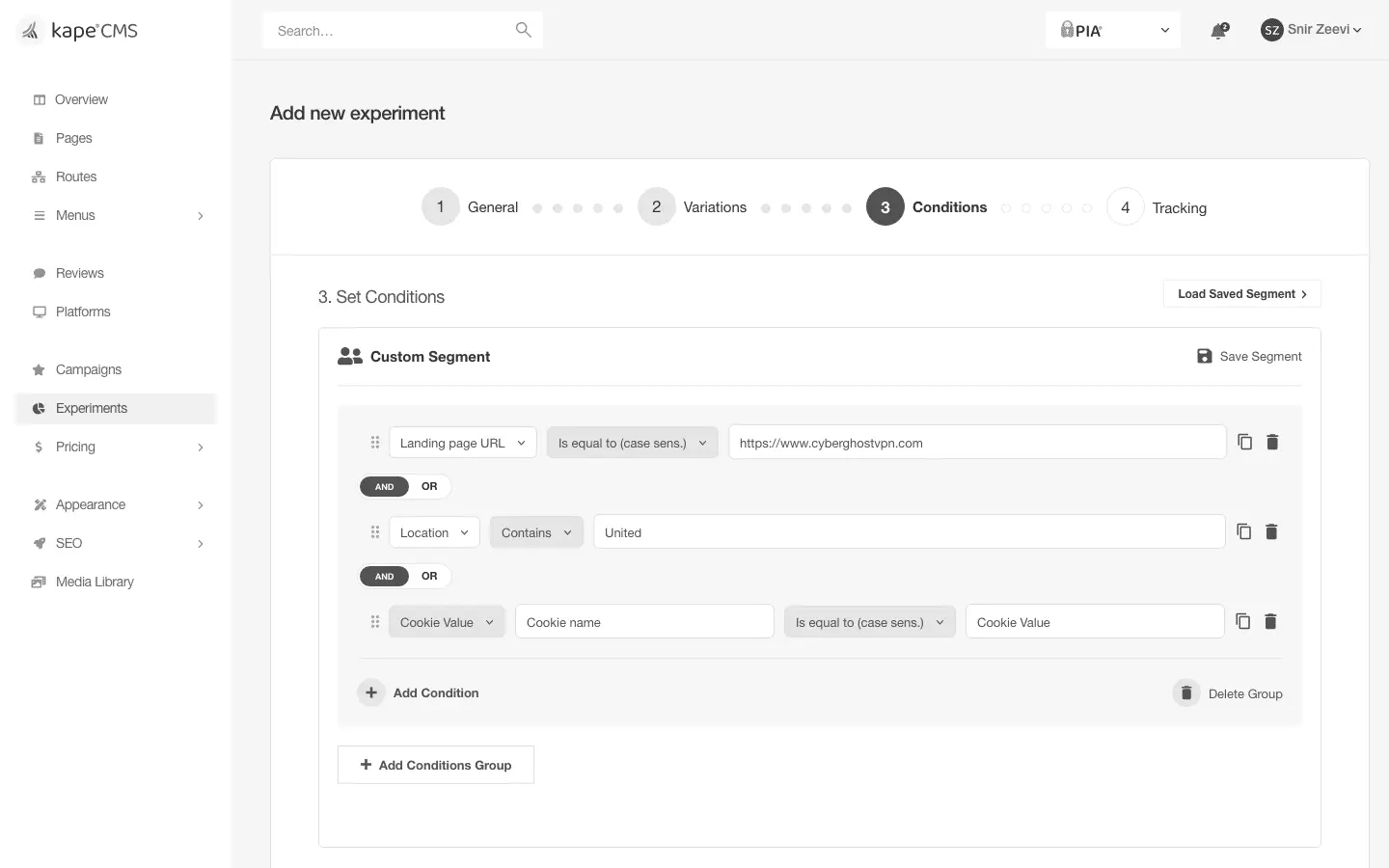 Wireframe: targeting conditions