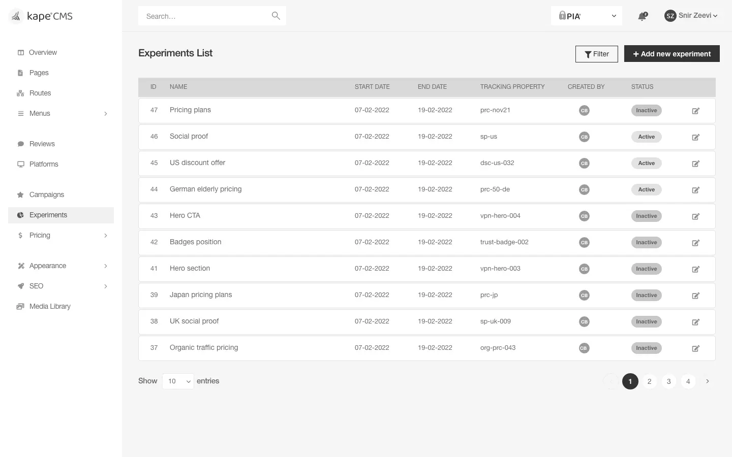 Wireframe: general experiment view